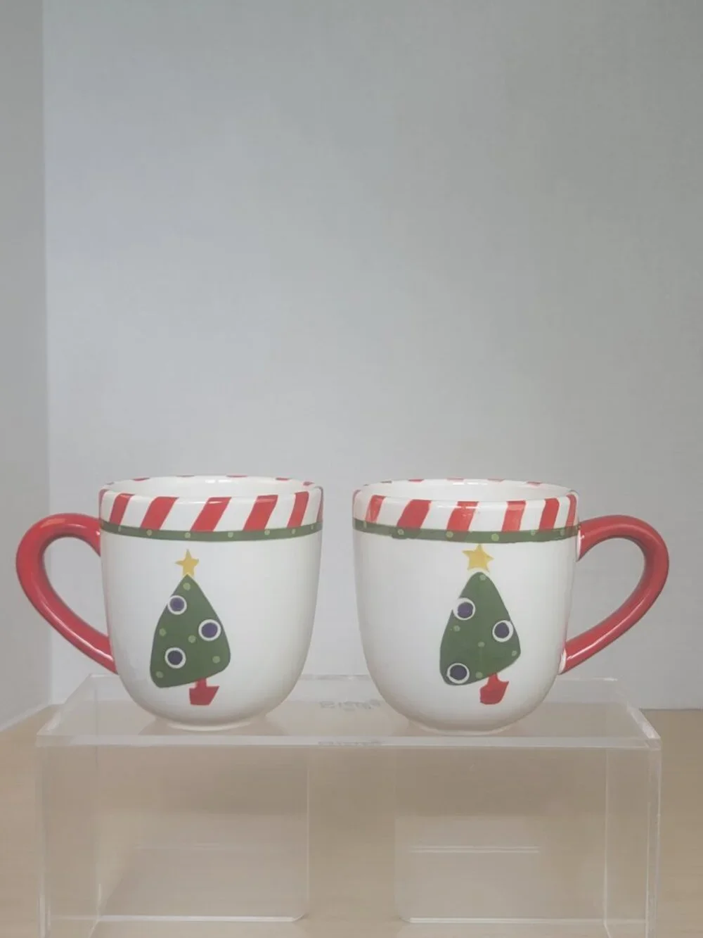 Pier 1 Imports Ironstone Hand Painted Christmas Tree Candy Cane Trim Mug Set 2